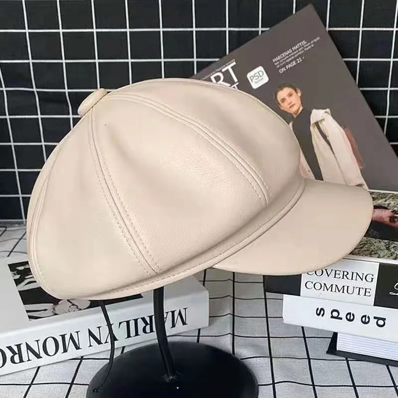 

New Autumn Winter Fashion PU Octagonal Hat Women Solid Color Newsboy Caps Artist Beret Girls Cool Head Accessories Decoration