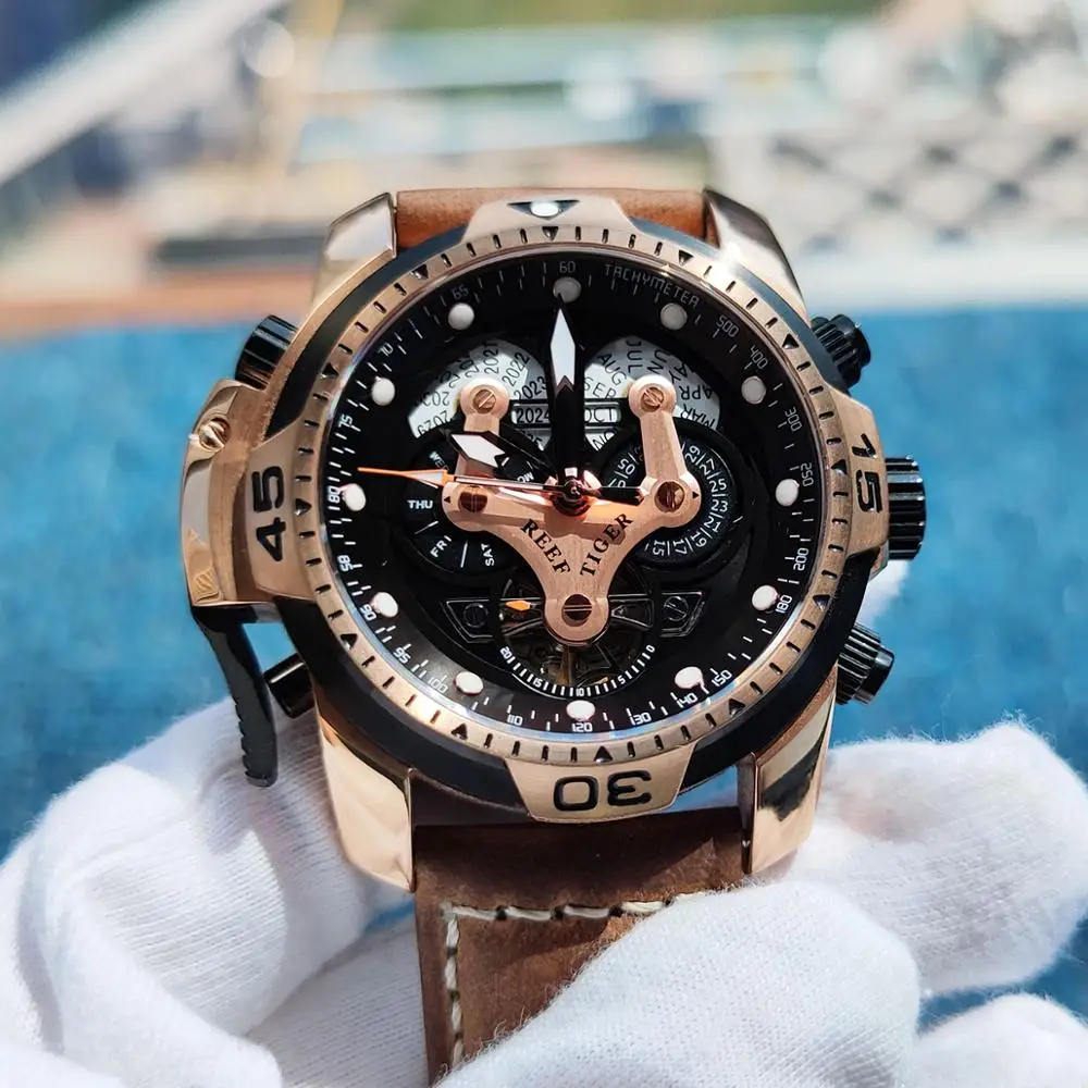 Мужские спортивные часы Reef Tiger/RT с резиновым ремешком сложный циферблат розовое