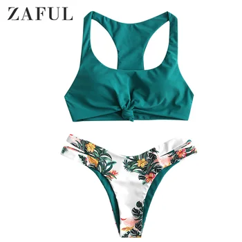 

ZAFUL Plant Print Knot Cutout Racerback Bikini Swimsuit Wire Free Scoop Neck Removable Padded Racer Bikini Two-Piece Sexy