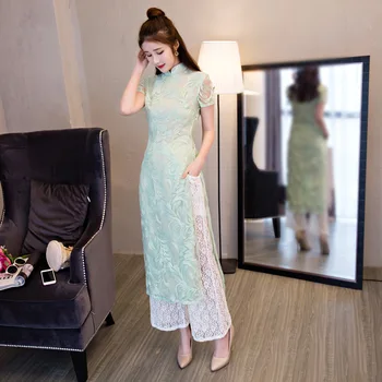 Vintage Mandarin Collar Slim Long Cheongsam Green Lace Sexy Flower Traditional Chinese Women Dress 2020 New Qipao Without Pants
Vintage Mandarin Collar Slim Long Cheongsam Green Lace Sexy Flower Traditional Chinese Women Dress 2020 New Qipao Without Pants