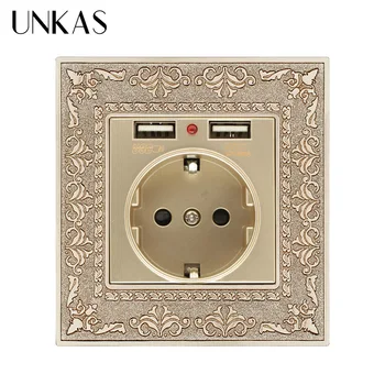 UNKAS Embossed Panel Zinc Alloy High-end Retro Panel 16A Gold EU Standard Power Wall Socket With Dual USB 2.1A Charging Port
UNKAS Embossed Panel Zinc Alloy High-end Retro Panel 16A Gold EU Standard Power Wall Socket With Dual USB 2.1A Charging Port