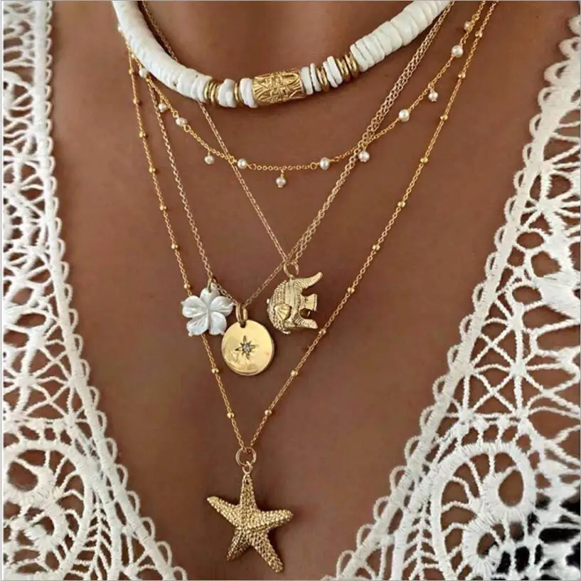 

Bohemian Starfish Elephant Animal Pendant For Women Polymer Clay Choker Gold Color Layered Long Flower Jewelry S2228