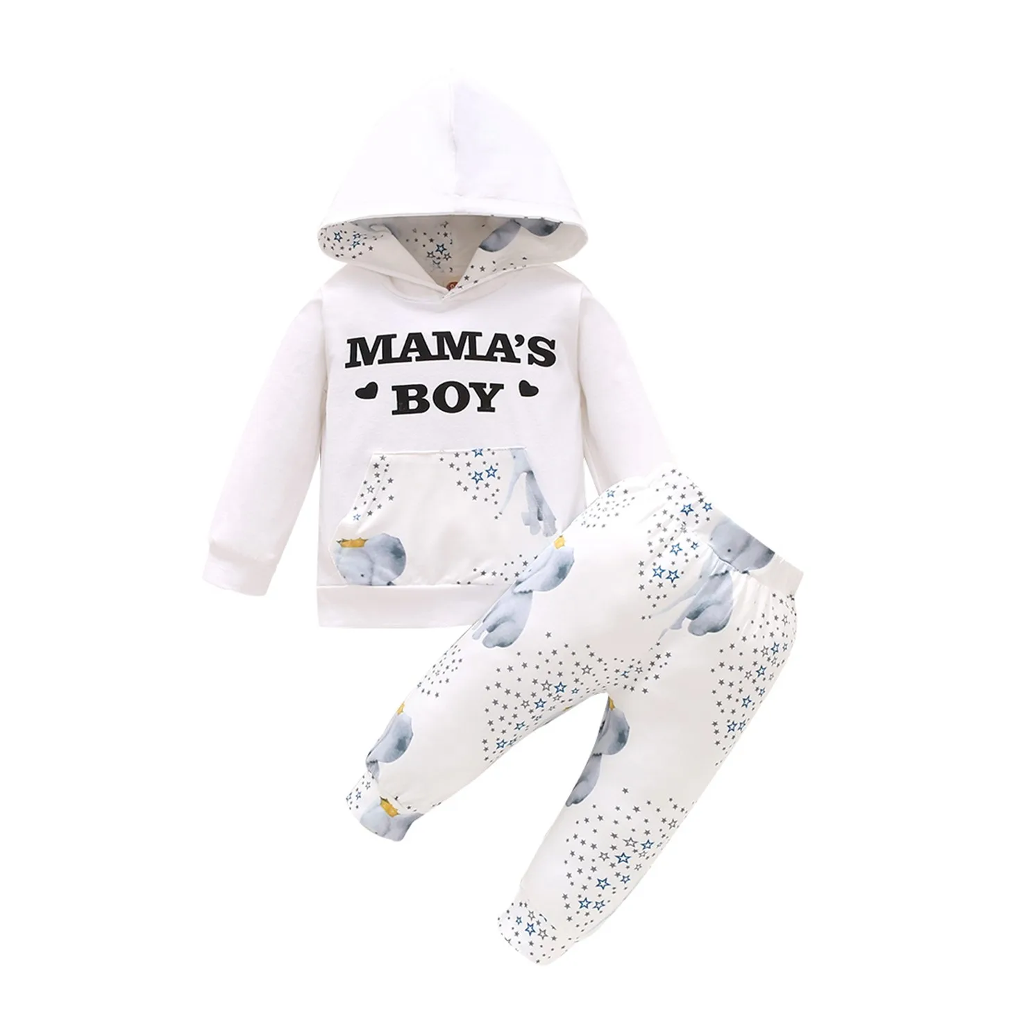 2020 New Fall Autumn 0-18M Newborn Baby Boy 2Pcs Set MAMA'S BOY Letter Print Front Pocket Hooded Top+Elephant Print Pants Outfit 
2020 New Fall Autumn 0-18M Newborn Baby Boy 2Pcs Set MAMA'S BOY Letter Print Front Pocket Hooded Top+Elephant Print Pants Outfit