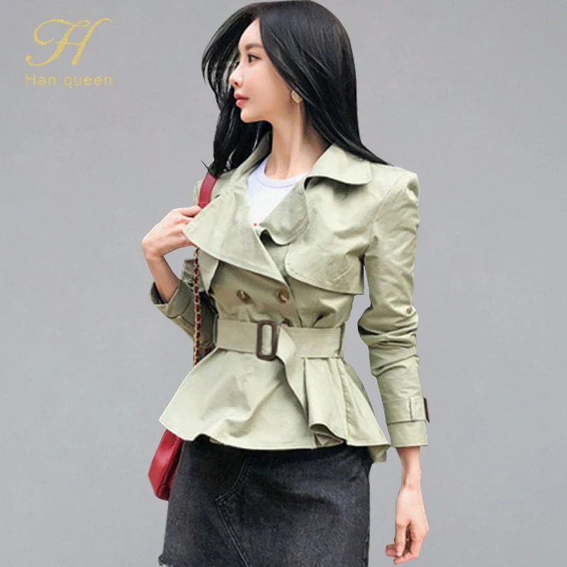 

H Han Queen Women's orean Style OL Double-breatsed Short Trench OL Casual Fashion Outwear Coat Notched Neck Belt Trenches Femme