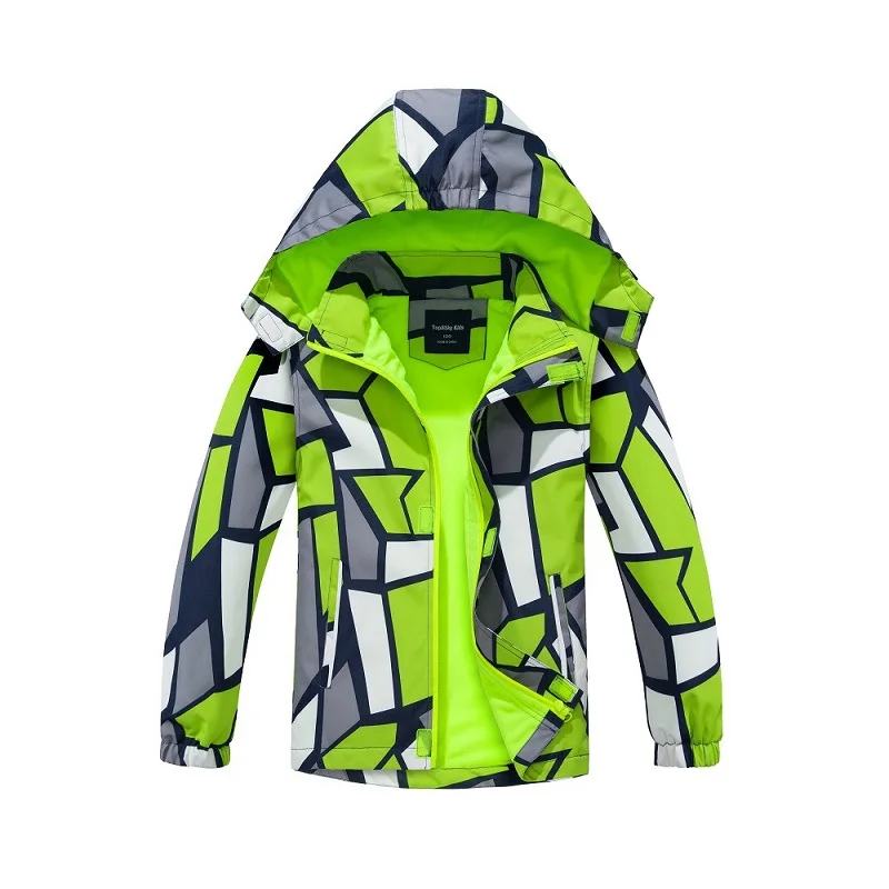 

Boys Fleece Lined Waterproof Geometric Lines Zipper Hiking Jackets School Kids Track Coats Child Windbreaker Outfit Tops 3-12 Yr