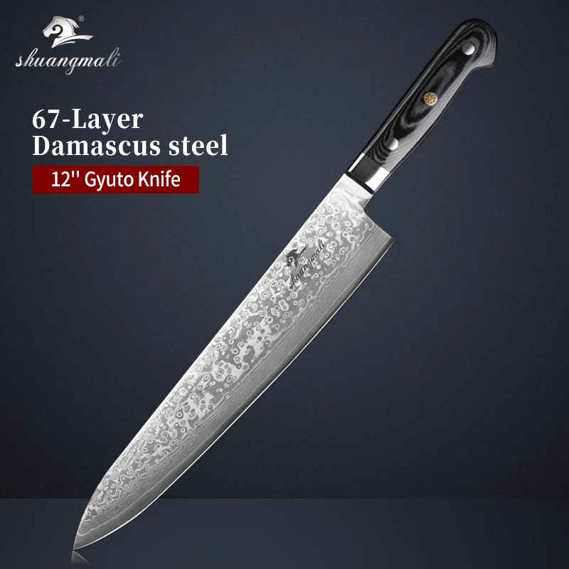 Фото 12 дюймов нож для резки мяса Gyuto 67 слой VG10 Дамасская сталь кухонный повара ножи