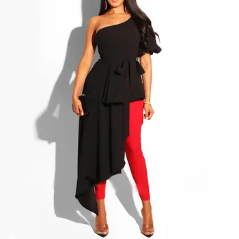 

Women's Summer Blouse 2020 Plus Size Top Skew Collar Asymmetrical Falbala Ruffles Black Slim Elegant Sexy Femme Big Blouses New