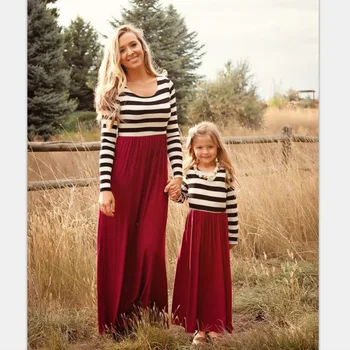 

Europe and the United States Long-Sleeved Black and White Striped Spell Wine Red Hem Women Dress Parent-Child Matching Outfit