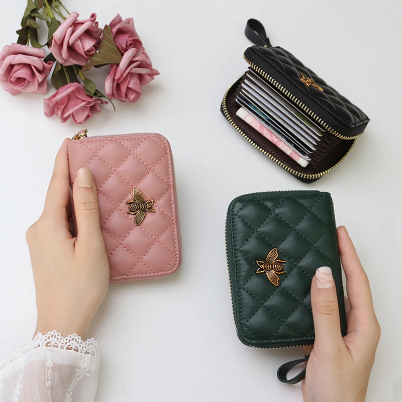 

100% Genuine Cow leather lattice embroidery zipper card holder metal Bee zipper credit card ID card holder wallet fashion women