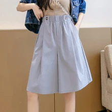 Women Casual Solid Color Loose Summer Pants 2021 Fashion Button High Waist Wide Leg Trouser Female Knee Length Pant Harajuku Pop 
Women Casual Solid Color Loose Summer Pants 2021 Fashion Button High Waist Wide Leg Trouser Female Knee Length Pant Harajuku Pop