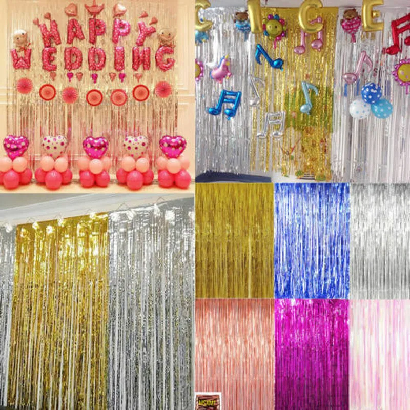 

2M Metallic Foil Tinsel Fringe Curtain Baby Shower Birthday Party Decoration Wedding Photography Backdrop Photo Prop Gold Silver