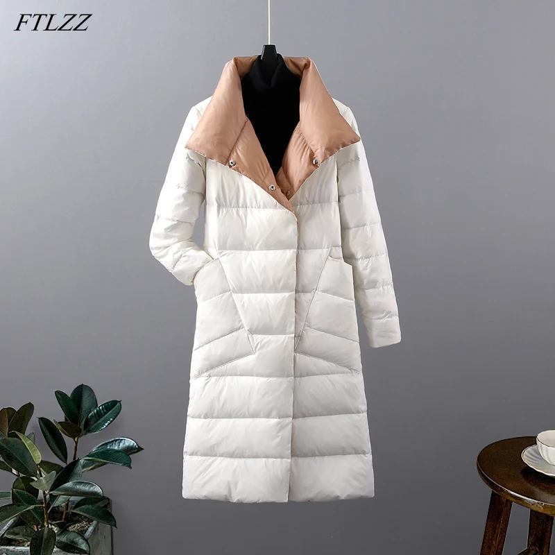 FTLZZ Winter New Women Light Thin Double Sided Down Long Jacket White Duck Down Splicing Jackets Double Breasted Warm Snow Coat 
FTLZZ Winter New Women Light Thin Double Sided Down Long Jacket White Duck Down Splicing Jackets Double Breasted Warm Snow Coat