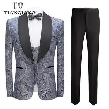 

TIAN QIONG Silver Men Suits With Pants Floral Prom Dress 3 Piece Set Groom Wedding Suits For Men Tuxedo (Jacket+Pants+Vest)