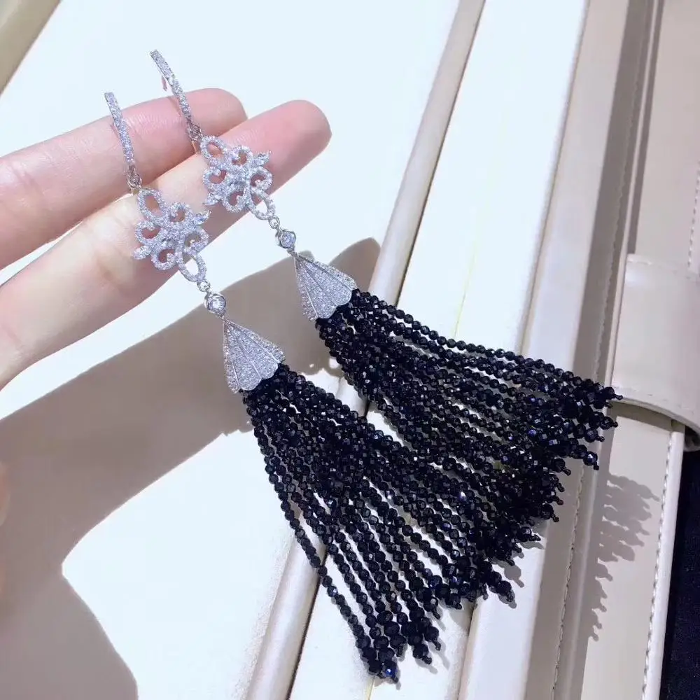 

the same style as actress long tassels earring 925 sterling silver with cubic zircon fine women jewelry black green red color