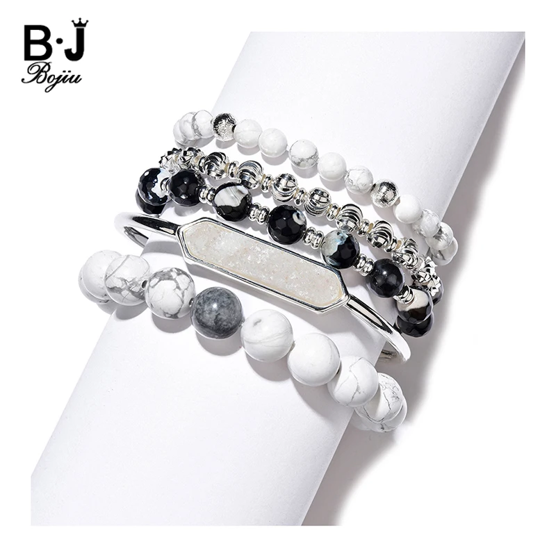 

BOJIU Women's Statement Bracelets Set Natural Stone Howlite Agates Faceted Crystal Beaded Bracelet Druzy Cuff Bangles BCSET313