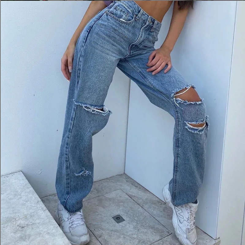 

New Womens Blue Jeans All-Match High Waist Loose Ripped Pants For Party Vacation Dating Travelling Shopping Daily Wear S-2XL