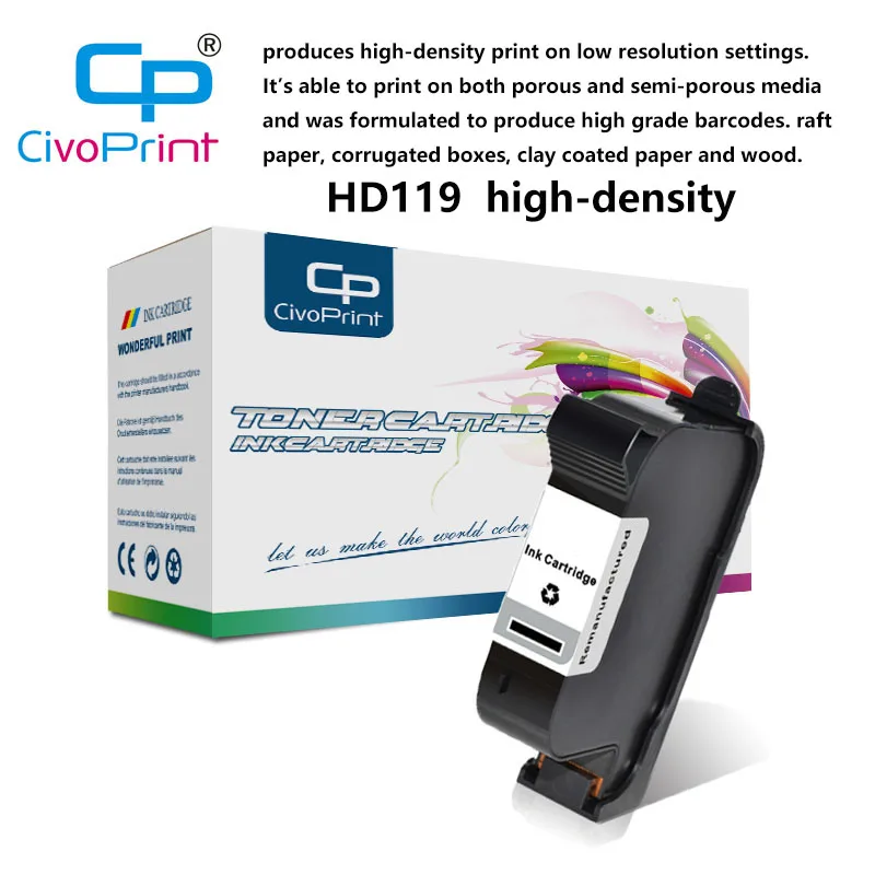 Civoprint HD119 high-density ink Black print cartridge For use raft paper, corrugated boxes, clay coated paper
Civoprint HD119 high-density ink Black print cartridge For use raft paper, corrugated boxes, clay coated paper