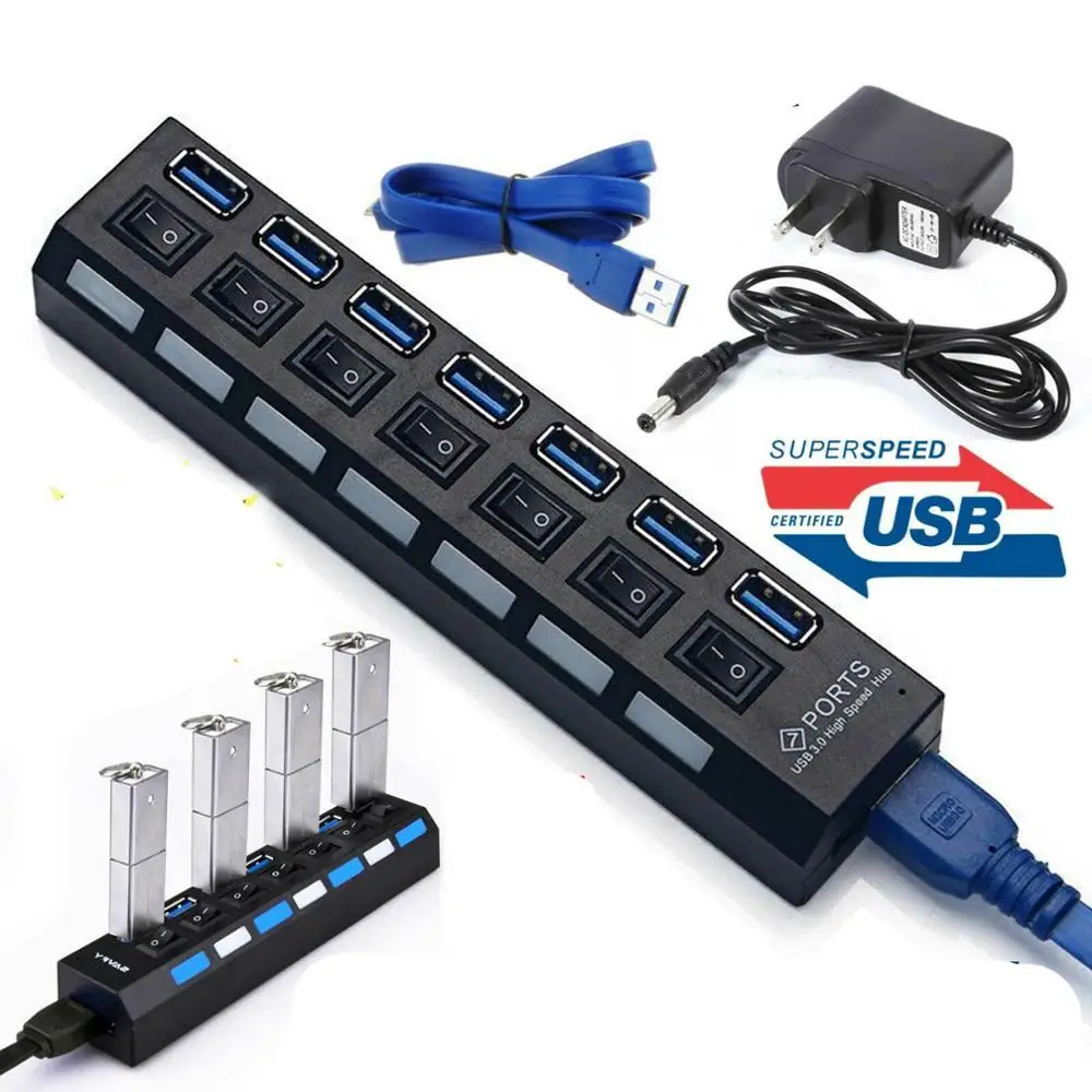 

Black 7 Port USB 3.0 Hub On/Off Switches AC Power Adapter Cable For PC Laptop Mac NEW US EU UK plug