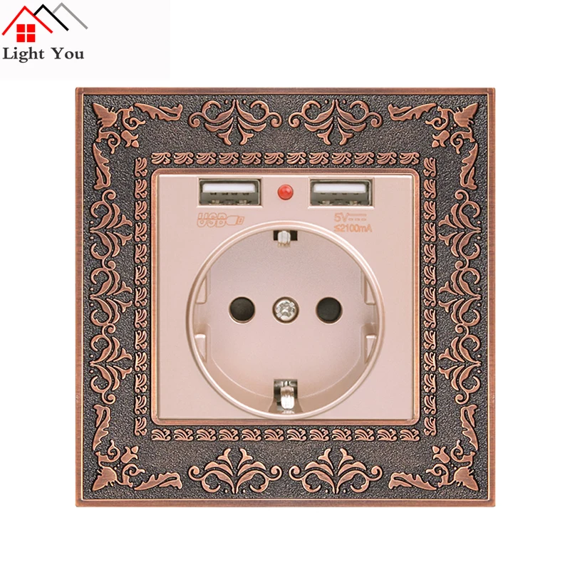 16A Gold EU Standard Power Wall Socket With Dual USB 2.1A Charging Port Embossed Panel Zinc Alloy High-end Retro Panel
16A Gold EU Standard Power Wall Socket With Dual USB 2.1A Charging Port Embossed Panel Zinc Alloy High-end Retro Panel