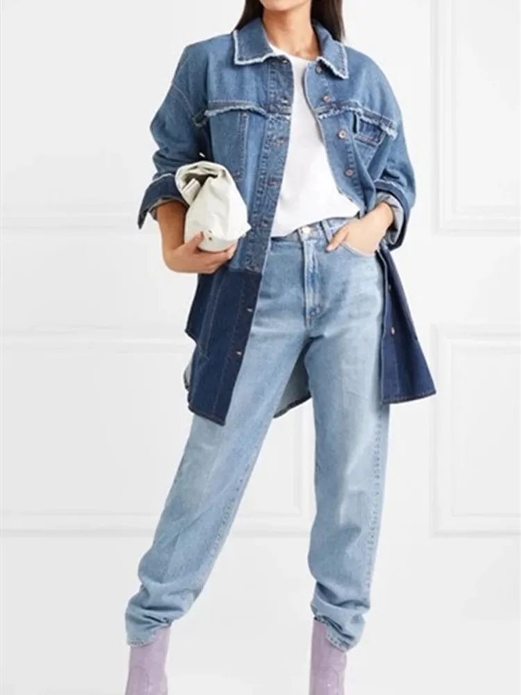 Nordic style Women denim jacket gradient color edging long-sleeved shirt-style long coat female top outwear with pockets
Nordic style Women denim jacket gradient color edging long-sleeved shirt-style long coat female top outwear with pockets