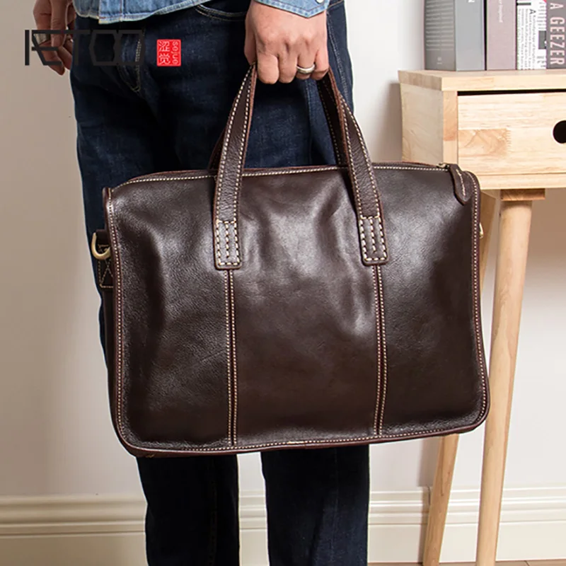 

BJYL Handmade leather handbag, vintage British one-shoulder slanted cross bag, head leather minimalist casual briefcase