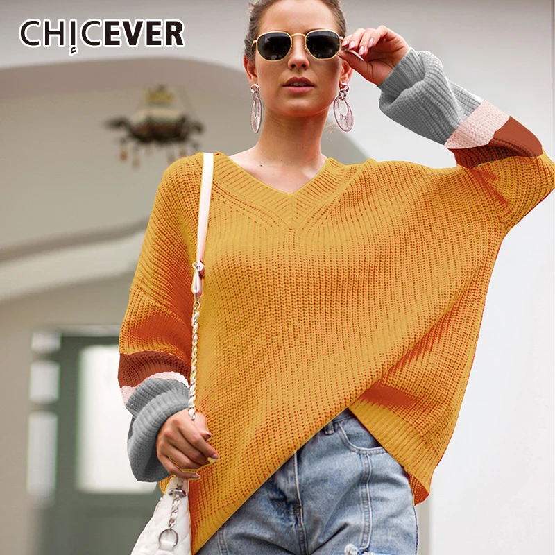 CHICEVER Autumn Loose Sweater Jumper Women V Neck Batwing Sleeve Hit Color Knitting Sweaters Clothes Female Fashion New Casual
CHICEVER Autumn Loose Sweater Jumper Women V Neck Batwing Sleeve Hit Color Knitting Sweaters Clothes Female Fashion New Casual