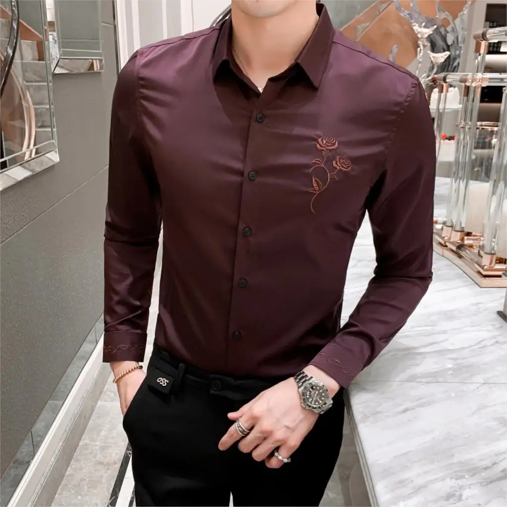 High Quality Wine Red Shirt Men Business Formal Wear Men Dress Shirt Long Sleeve Rose Embroidery Slim Fit Gentlemen Shirts Male 
High Quality Wine Red Shirt Men Business Formal Wear Men Dress Shirt Long Sleeve Rose Embroidery Slim Fit Gentlemen Shirts Male