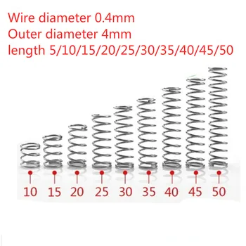 10pcs/lot Compression Spring Wire Diameter 0.4mm 304 A2 Stainless Steel Small Micro Outer Diameter 4mm L 5-50mm Compress Spring
10pcs/lot Compression Spring Wire Diameter 0.4mm 304 A2 Stainless Steel Small Micro Outer Diameter 4mm L 5-50mm Compress Spring