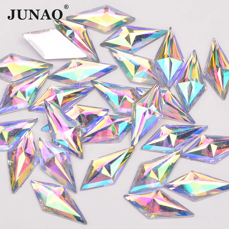 

JUNAO 10*22mm Glitter Crystal AB Flatback Rhinestone Resin Crystal Applique Rhombus Fancy Strass Non Sewn Stones Dress Crafts