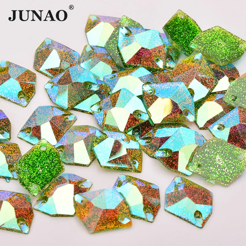 Фото JUNAO 16*20mm Glitter Green AB Crystal Sewing Resin Rhinestone Applique Sew On Strass Flat Back Gems For Crafts Supplies | Дом и сад