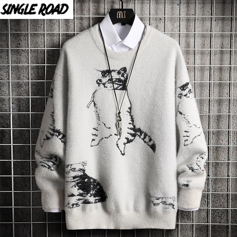 Мужской вязаный Свитер оверсайз SingleRoad 2021 Зимний пуловер с кошачьи свитера в