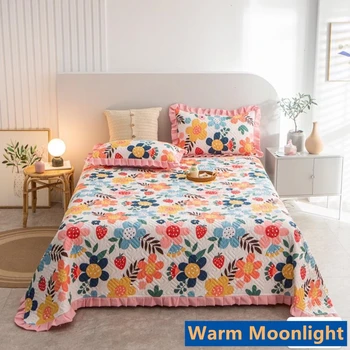 

Colored flowers Bed Cover+2 Pcs Pillowcases Ruffle Bedspread Cotton bedding set Natural style Quilt Blanket 1.5/1.8m/2.0m Bed