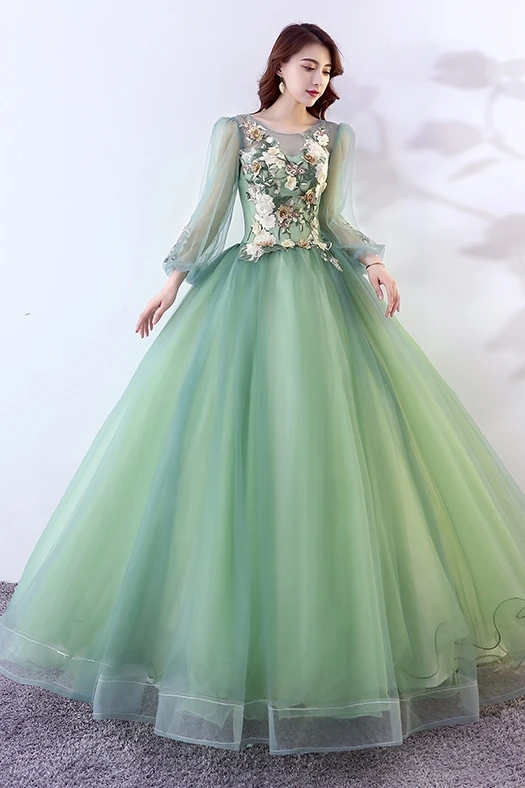 

100%real vintage bean green long sleeve ball gown long dress vintage medieval dress Renaissance princess Victoria dress