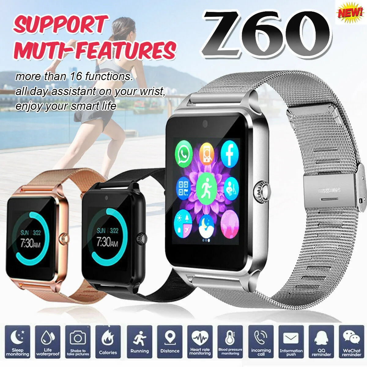 Z60 Smart Watch Clock Pedometer Metal Strap Bluetooth Wrist Smartwatch Support SIM TF Card Android&IOS Watch Multi-languages
Z60 Smart Watch Clock Pedometer Metal Strap Bluetooth Wrist Smartwatch Support SIM TF Card Android&IOS Watch Multi-languages