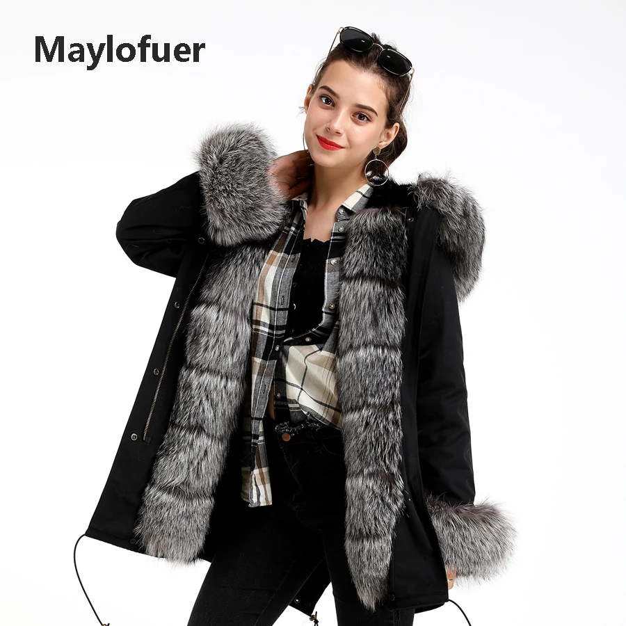 

Maylofuer Hooded Real Silver Fox Fur Parka Detachable Rex Rabbit Fur Liner Coat Women Jacket with Fox Fur Cuffs on Sleeves