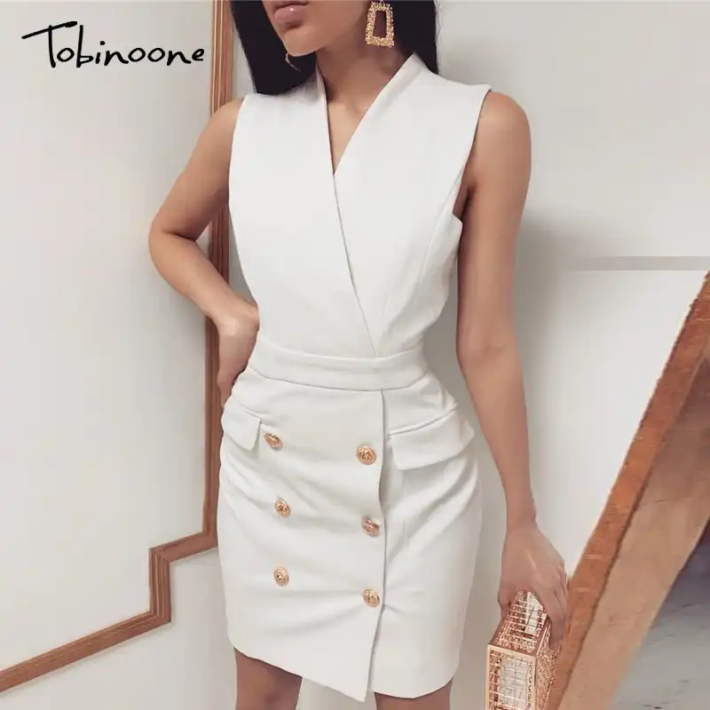 white sleeveless blazer dress