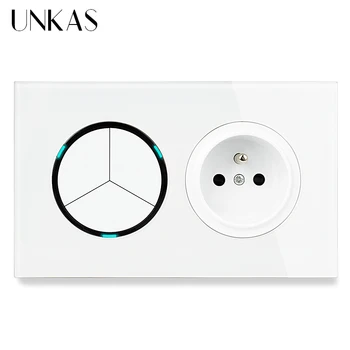 UNKAS 3 Gang 1 Way / 2 Way + French Standard Wall Power Socket On / Off Light Switch LED Indicator White Crystal Glass Panel 16A
UNKAS 3 Gang 1 Way / 2 Way + French Standard Wall Power Socket On / Off Light Switch LED Indicator White Crystal Glass Panel 16A