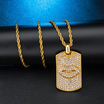 

US7 Bling Iced Out Square Lips Necklace & Pendants Paved Rhinestoned Pendant Stainless Steel Chain For Men Hip Hop Jewelry