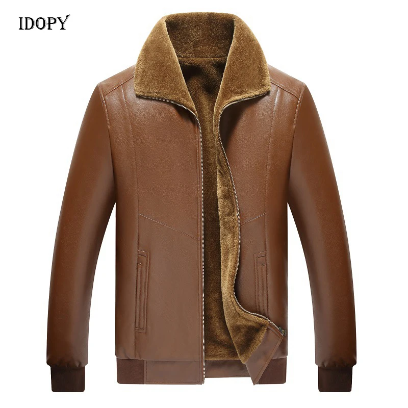 

Idopy Men`s Winter Faux Leather Jacket Fleece Lined Plus Size M-5XL Warm Thicken Business Casual PU Jacket and Coat For Male