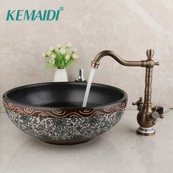 

KEMAIDI Round Bowl Sinks Vessel Basin Bathroom Washbasin Ceramic Basin Sink Bathroom Antique Brass Basin Mixer Faucet