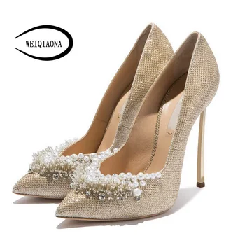 

WEIQIAONA Fine high heels Sexy Pointed Bead Women's singles shoes Vintage women pumps size 33-43 Party shoes wedding shoes