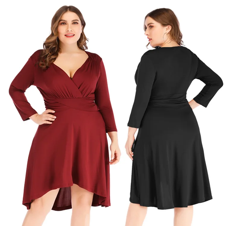 Sexy V-neck Long Sleeve Waist Solid Color Irregular Large Size Dress 2020 Spring OL Temperament Pleated Knit Big Swing Dress
Sexy V-neck Long Sleeve Waist Solid Color Irregular Large Size Dress 2020 Spring OL Temperament Pleated Knit Big Swing Dress