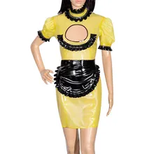 

Yellow And Black Sexy French Maid Latex Uniform Outfit With Apron Open Front Puff Sleeves Rubber Dresses LYQ-0243