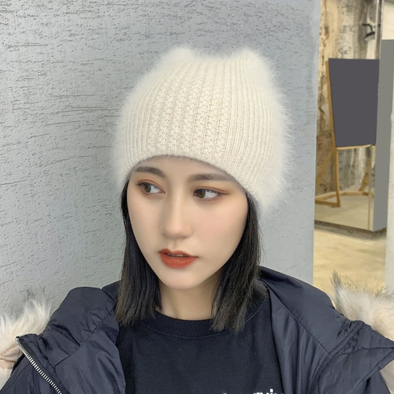 2022 Winter Angora Rabbit Keep Warm Knitting Cat Ear Cute Leisure Lady Skullies Beanies Cap Men Women Knitted Hat Balaclava |