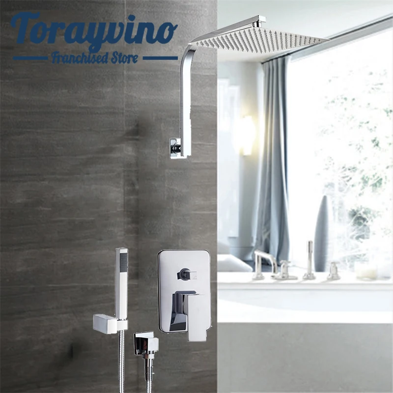 Torayvino 16" Ultra-thin Rainfall Shower Set Top Ceiling Mount Head Control Valve Wall Mounted Hot & Cold Water Mixer |