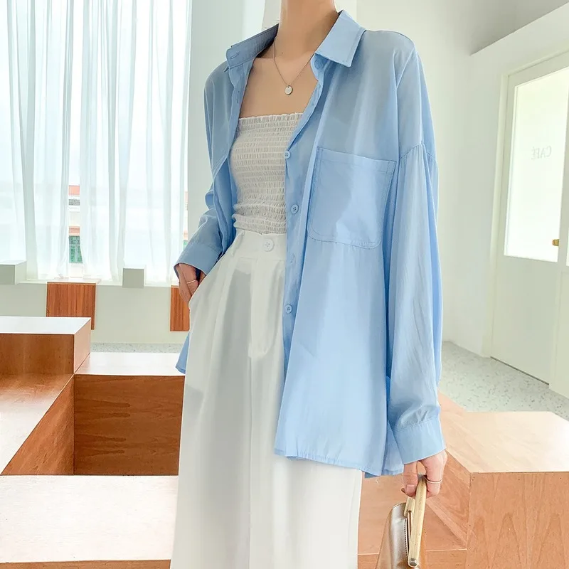 Commuting Fashion Two Side Split Button Sun Protection 2020 Summer New Korean Women's Long Sleeve Solid Color Loose Shirt Women 
Commuting Fashion Two Side Split Button Sun Protection 2020 Summer New Korean Women's Long Sleeve Solid Color Loose Shirt Women