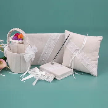 5pcs/set Vintage Burlap Lace Wedding Supplies Satin Flower Girl Basket Ring Bearer Pillow Guest Book Pen Holder Bride Garter Set
5pcs/set Vintage Burlap Lace Wedding Supplies Satin Flower Girl Basket Ring Bearer Pillow Guest Book Pen Holder Bride Garter Set