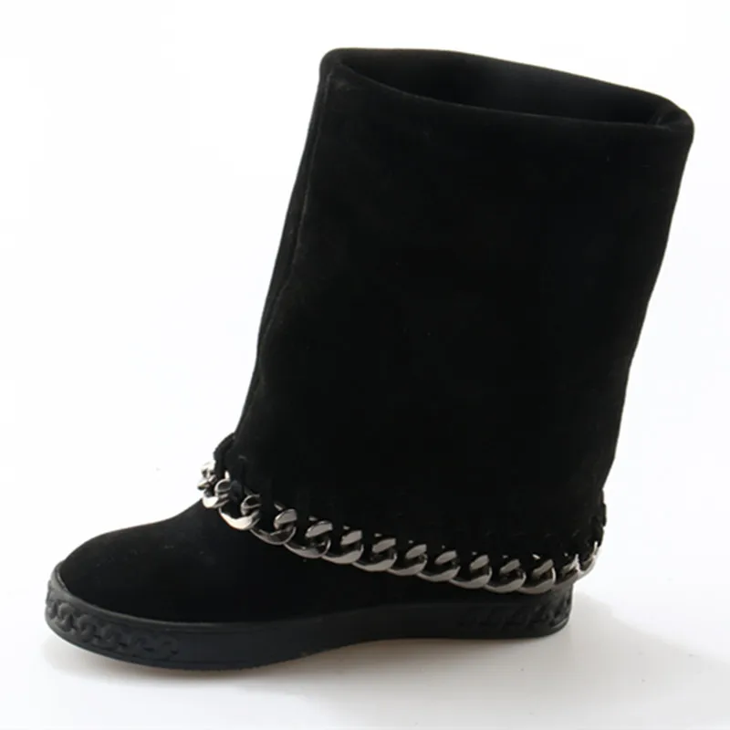 

Winter Boots for Women mid-calf 8CM high increasing hidden cowboy Boots black chain botas feminina winter wedges shoes woman