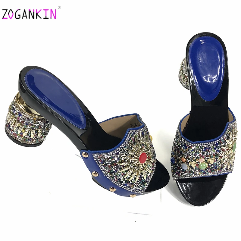

2019 High Quality Nigerian Slipper Italian Slingbacks Peep Toe Shoes for Wedding African Decorate with Rhinestone for Party