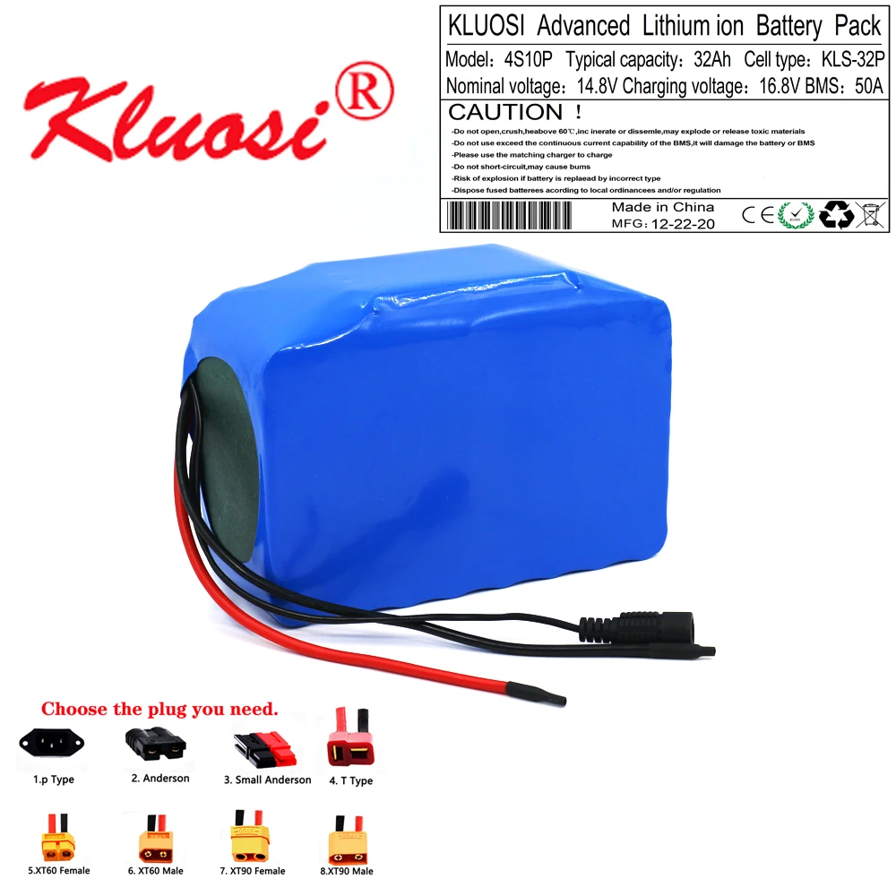 Фото KLUOSI 4S10P 14.8V 32Ah 600Watt 14.4V 16.8V Lithium Battery Pack with 50A BMS for Inverter Smart Robot High-power Equipment Etc |